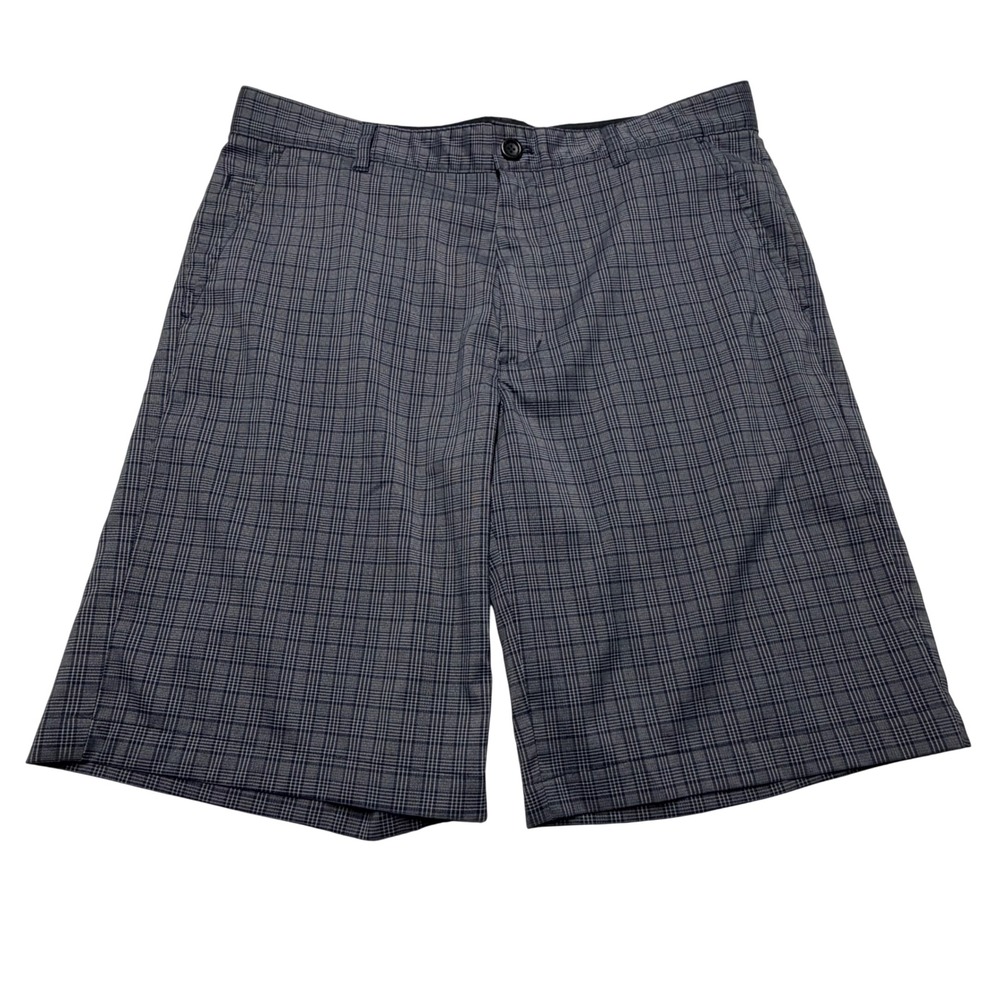 Greg Norman Golf Shorts Tasso Elba Plaid Grey Blue Stretch 10" Mens‎ 34